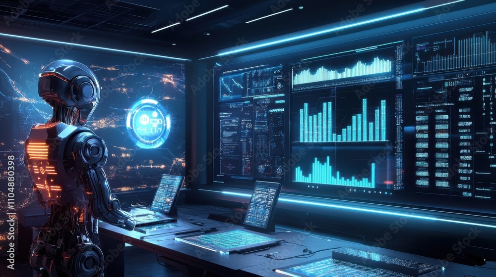Poster futuristic robot in control room with data visualization screens