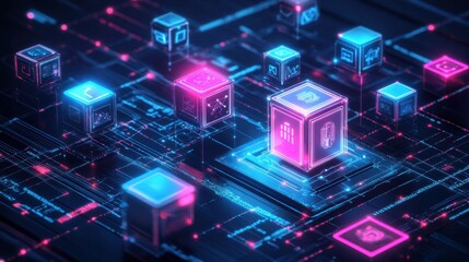 Futuristic Digital Blocks with Glowing Neon Elements on Circuit Board