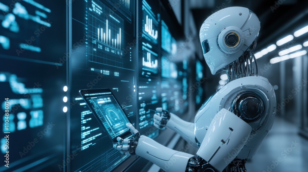 Poster futuristic robot analyzing data on digital touchscreen interface