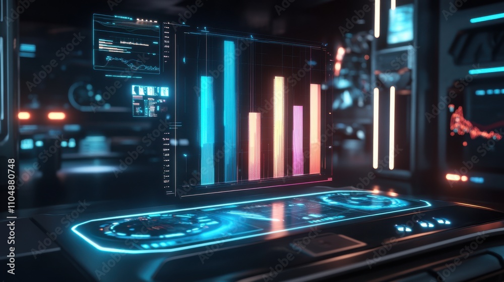 Poster futuristic data analysis dashboard with colorful graphs and displays