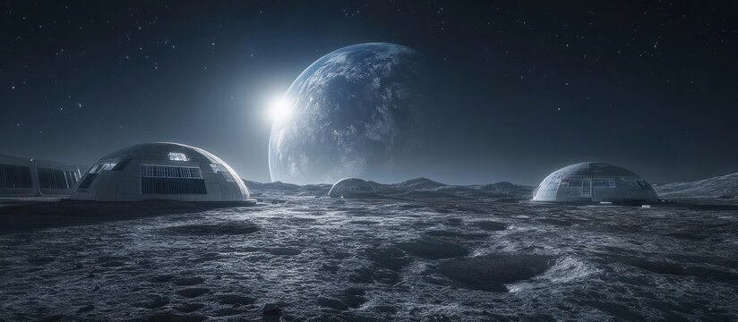 A view of Earth from the moon with a lunar base in the foreground.