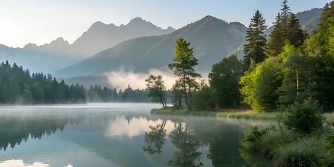 Naklejka premium Misty Mountain Lake at Sunrise