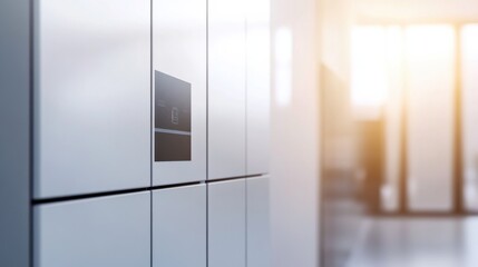 Fototapeta premium A sophisticated smart energy storage system, modern residential or commercial environment with advanced battery units and energy management interfaces, Sustainable style