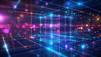Obraz premium Vibrant Abstract 3D Cubes with Glowing Lights and Particle Effects