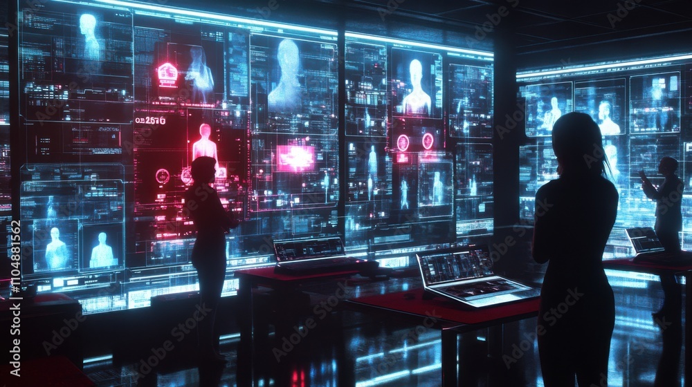Poster futuristic interface display with data analysis and figures in room
