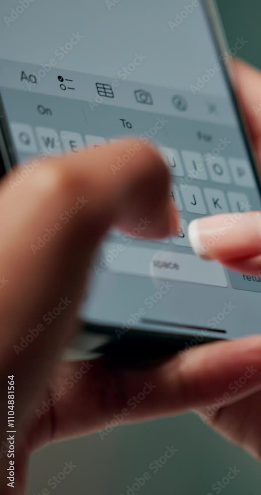 Leinwandbilder typing, phone screen and hands of business person with online text, message and digital notes. profe