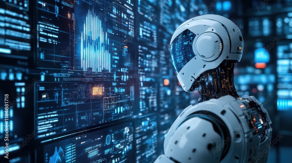 Poster futuristic robot analyzing data on digital screens in high-tech environment