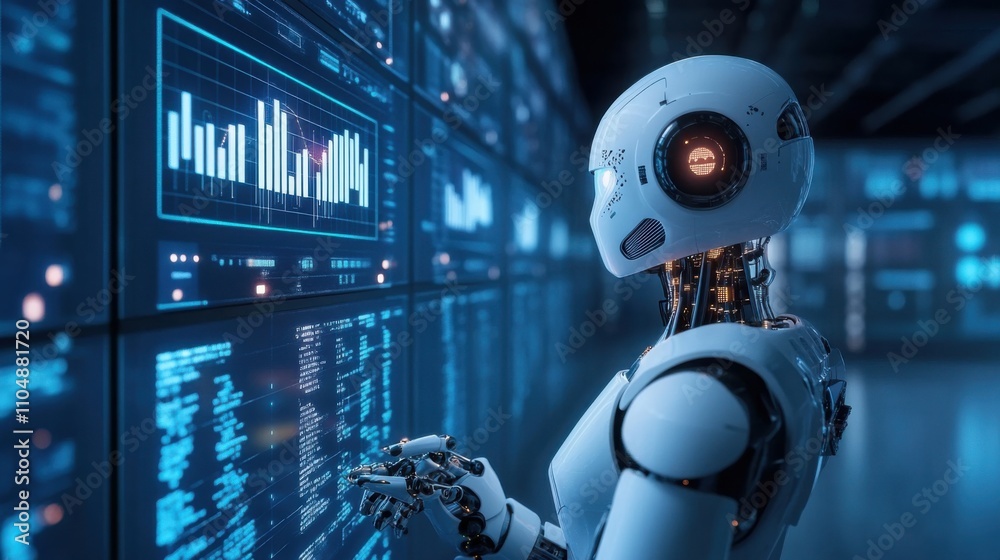 Poster futuristic robot analyzing data on high-tech digital display screens