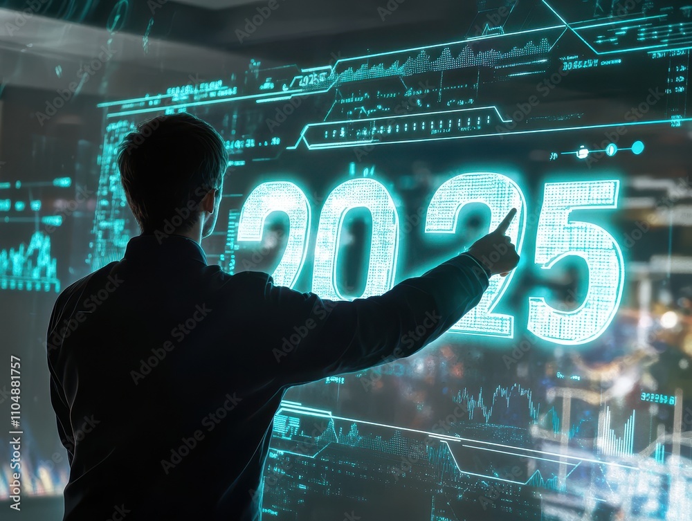 Poster a man interacting with a futuristic holographic interface displaying 2025, exploring the technologic