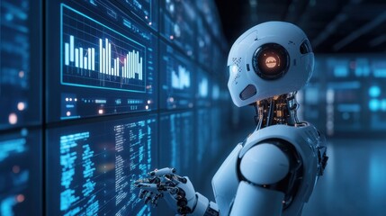 Fototapeta premium Futuristic Robot Analyzing Data on High-Tech Digital Display Screens