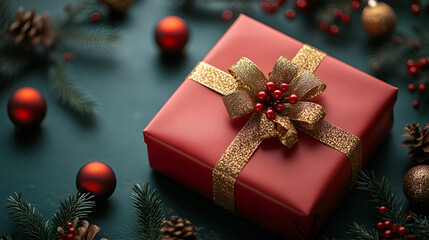 A top view festive red gift box wrapped in a golden ribbon lies on a green background shaped like a Christmas tree, surrounded by holiday ornaments，stock photo, 2/3 space for text.,,in clothes