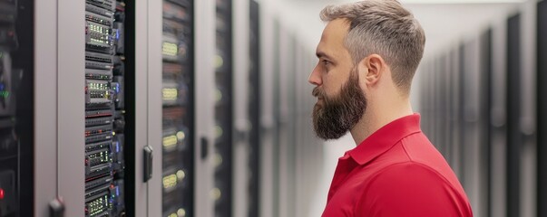 A technician in a red shirt inspects server racks in a data center, showcasing the focus on IT infrastructure and technology management.