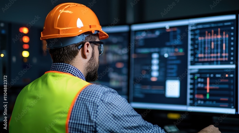 Poster a worker in a hard hat monitors data on multiple screens, showcasing a high-tech environment focused