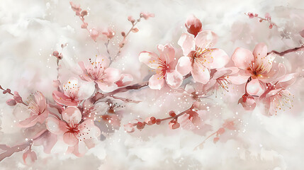 Artistic representation of a cherry blossom branch adorned with soft pink petals, capturing the delicate beauty of spring, ideal for various design projects and backgrounds.