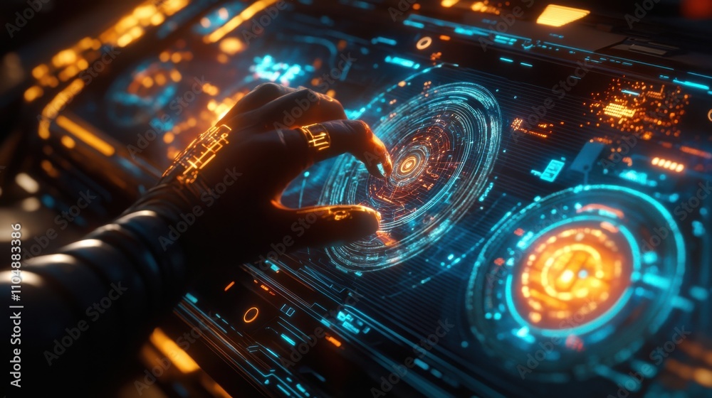Poster futuristic interface interaction with glowing control elements