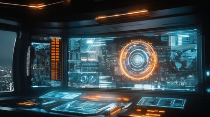 Obraz premium Futuristic Control Room Interface with Digital Screens and Data Visualizations