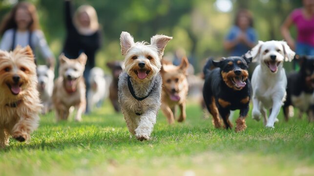 Outdoor pet activities, showing dogs and owners in parks