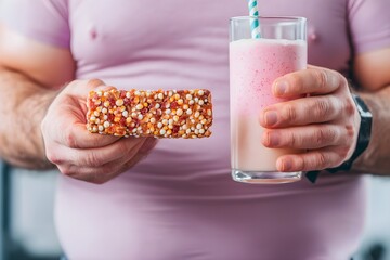 Plump Individual in Gym Holding Candy Bar and Protein Shake, Representing Fitness and Dietary Choices