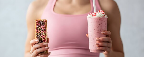 Woman Holding Protein Shake and Candy Bar in a Light Studio Setting, Celebrating Healthy Choices and Indulgence