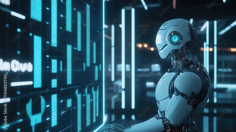 Poster futuristic robot analyzing data in high-tech environment