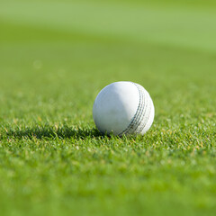 A white cricket ball is sitting on a green field. The ball is the size of a tennis ball and is laying on the grass, Shiny white cricket ball with red stitching, ready for a game on a lush green field.