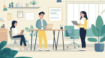 Asian professionals in casual wear holding a brainstorming session around a standing desk, collaborative modern workspace