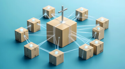 Network of interconnected packages symbolizing community support and faith during charitable activities