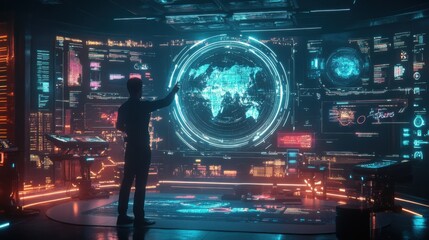 Fototapeta premium Futuristic Control Room with Digital Global Map and Data Visualization