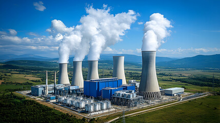 Aerial View of Power Plant with Cooling Towers