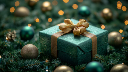 A top view festive red gift box wrapped in a golden ribbon lies on a green background shaped like a Christmas tree, surrounded by holiday ornaments，stock photo, 2/3 space for text.,,in clothes