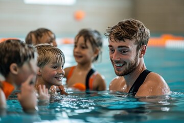 A young male swimming instructor teaches a group of children in a pool.