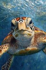 Obraz premium A Majestic Sea Turtle Swimming Gracefully in Crystal Clear Ocean Water, Captivating View from Below the Surface, Showcasing Brilliant Patterns and Details of its Shell and Face
