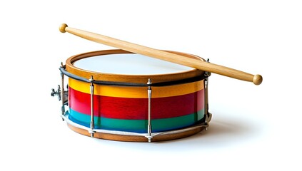 Vibrant Colorful Snare Drum with Wooden Stick on White Background Studio Shot