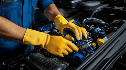 A mechanic in yellow gloves works on a car engine, performing maintenance and repairs to ensure optimal performance.