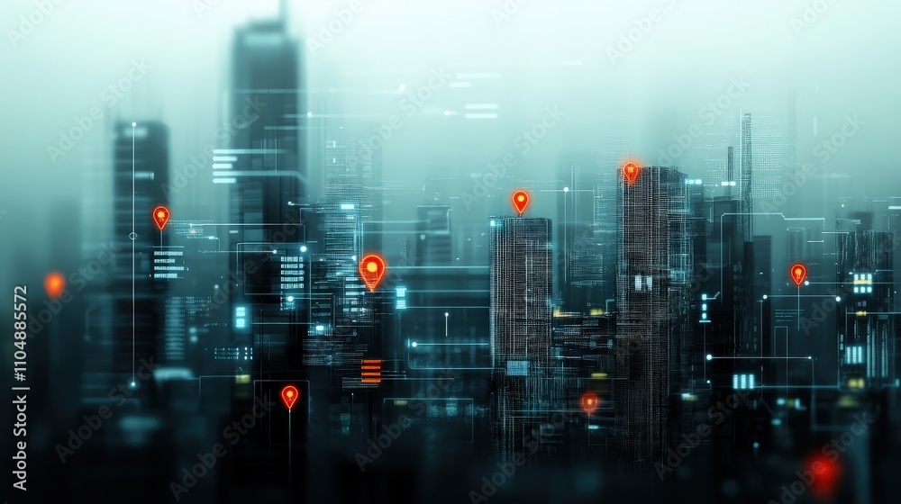 Poster Futuristic City Landscape with Digital Connectivity and Location Markers for Technology and Urban Development Concepts in Smart Infrastructure and Innovation