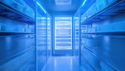 A Walk-in Refrigerator with Rows of Shelves and Containers Filled with Items Under Bright Blue LED Lighting