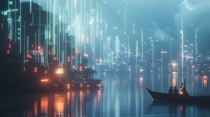 Fototapeta premium Futuristic Cityscape at Night with Neon Lights and Reflections