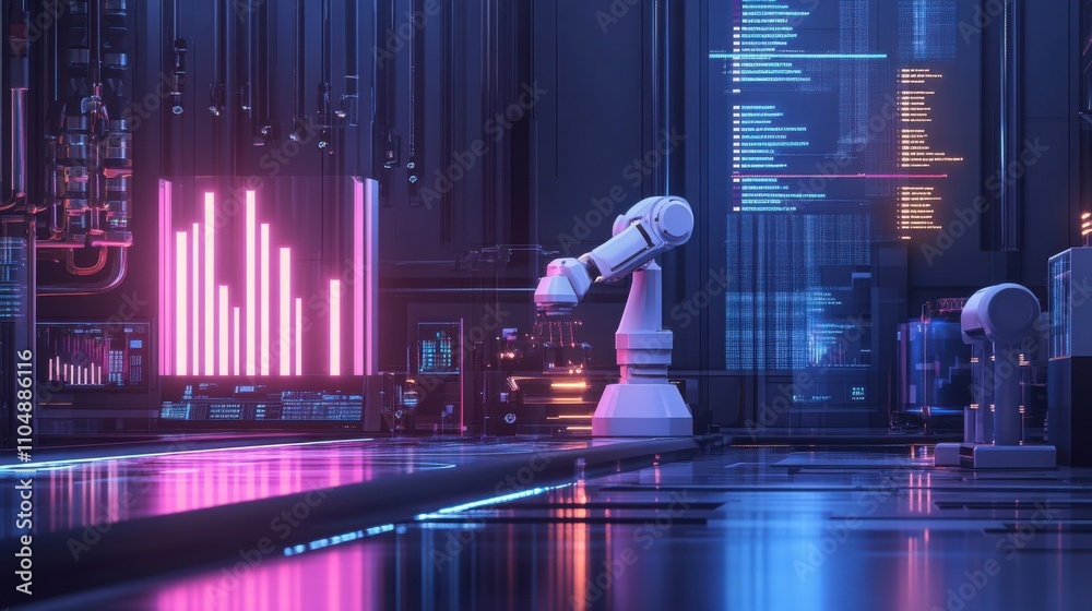Poster modern robotic arm in high-tech data processing environment