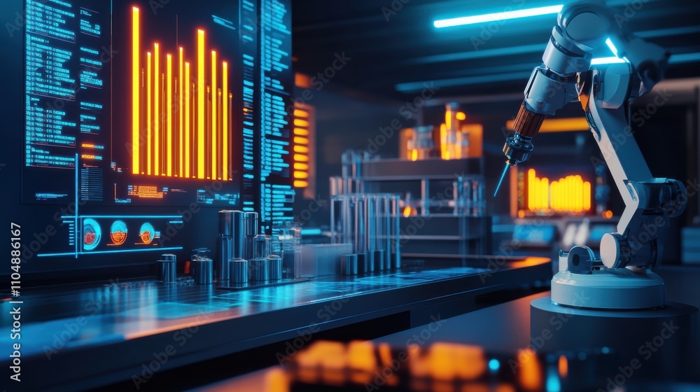 Poster advanced robotic arm in modern laboratory with data visualization