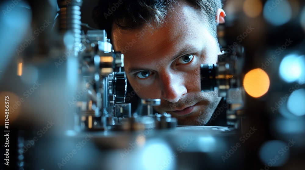 Poster focused engineer inspecting complex machinery.