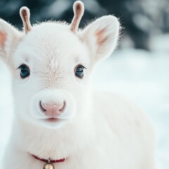 Fototapeta premium Adorable white reindeer calf in snowy winter scene.