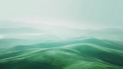 Serene Abstract Landscape of Soft Rolling Hills in Gentle Green Gradients Under a Misty Atmosphere