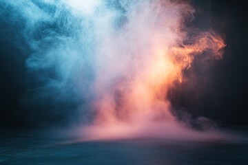 Abstract background with blue and orange smoke on a dark background.