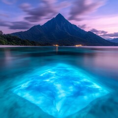 Naklejka premium Bio luminescent underwater glow square shape in ocean at sunset with mountain background.