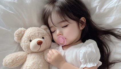 Adorable Toddler Girl Sleeping Peacefully with Teddy Bear, Sweet Dreams and Gentle Serenity