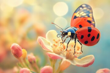 Fototapeta premium A ladybug with butterfly wings sits on a white flower with pink buds and a blurred background.