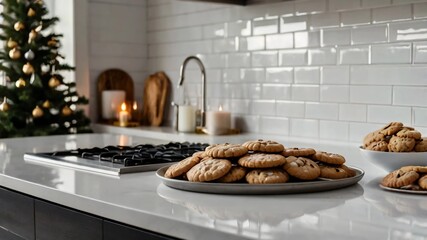 AI GENERATE, Christmas decor on a modern white kitchen countertop, with cookies baking in the oven.