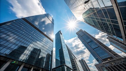 Fototapeta premium Modern City Skyline with Glass Skyscrapers and blue sky with puffy clouds V17