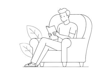 Line Drawing of Man in Comfortable Armchair Reading a Book - Vector Line Art Illustration