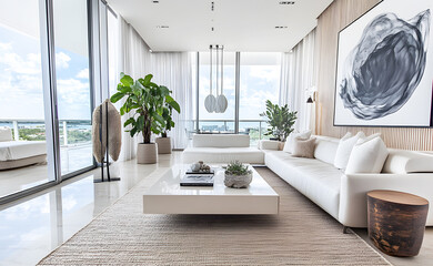 Fototapeta premium White living room interior luxurious modern with sofa and armchair, shelf with art decoration, carpet on hardwood floor. Mockup copy space wall. Panoramic window glass clear sunlight shines inside.